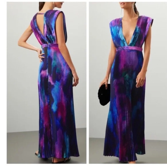 L'idee Gala Plisse Maxi Dress Gown Blue Purple Multi Tie Dye - US 6 - Tie Dye - Picture 1 of 11